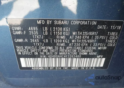 2019 Subaru Outback 2.5I Premium from USA, damaged, VIN 4S4BSAHC4K3262480